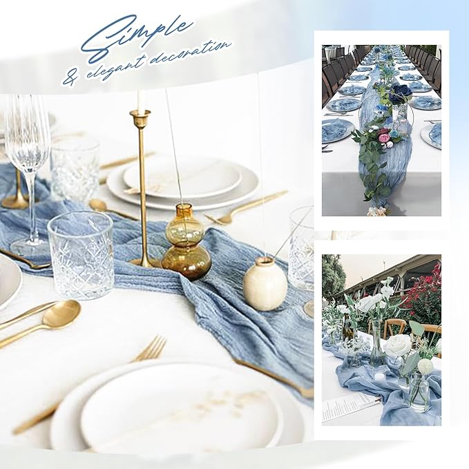 Aktor 12 Pack Dusty Blue Table Runner Boho Cheesecloth Table Runner Semi Sheer Gauze Fabric Runners for Wedding Birthday Baby Shower Party Boho Table Decoration(Dusty Blue)