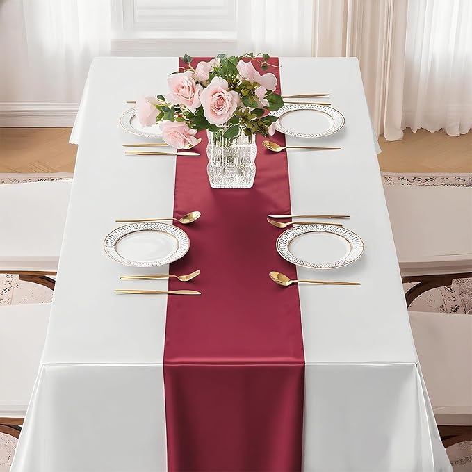 SHEJIZE 2 Pack Wine Red Satin Table Runner 12x108 Inches Long, Bright Silky Smooth Satin Table Runner Table Decor for Wedding Banquet Christmas Prom Event Birthday Party