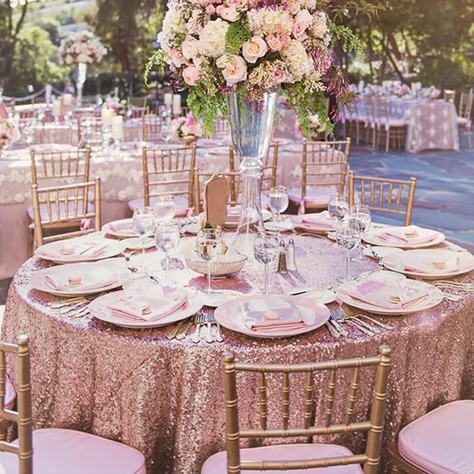 OQSQ Rose Gold Round Sequin Tablecloth, Glitter Tablecloth for Bridal Shower Decorations, Birthday, Wedding, Dessert, Banquet(50X50 inch Round,Rose Gold)