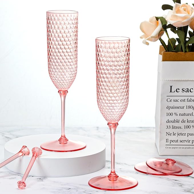 100 Pack Pink Detachable 2 piece Champagne Flutes 5.5 Oz Unbreakable Plastic Mimosa Disposable Champagne Glasses Drinking Cups Stemmed Reusable Wine Toasting Glasses for Wedding (100, Clear Pink)