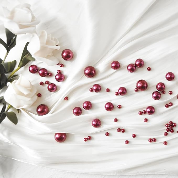 520Pcs WineRed Beads for Centerpieces Decor, Artifical Pearls Vase Filler, Large Beads for Makeup Brush, No Hole Round Pearl Beads for Wedding Birthday Christmas Party Home Decor(18mm 14mm 6mm)