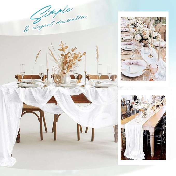 Aktor 4 Pack White Table Runner Boho Cheesecloth Table Runner Semi Sheer Gauze Fabric Runners for Wedding Birthday Baby Shower Party Boho Table Decoration(White)