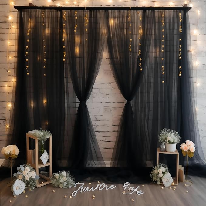 20x10 Black Tulle Backdrop Curtains for Parties, Sheer Backdrop Curtain Wedding Photo Background Drapes for Baby Shower Photography Birthday Party