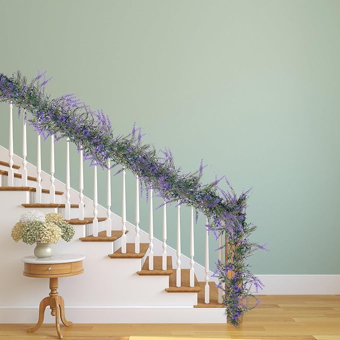 MAKHOT 6Ft Purple Lavender Artificial Garland Decor, Spring Summer All Year Lavender Deep Purple Garland, Green Wreath Vines Decorations for Table Home Wedding Mantle Arch Porch Party
