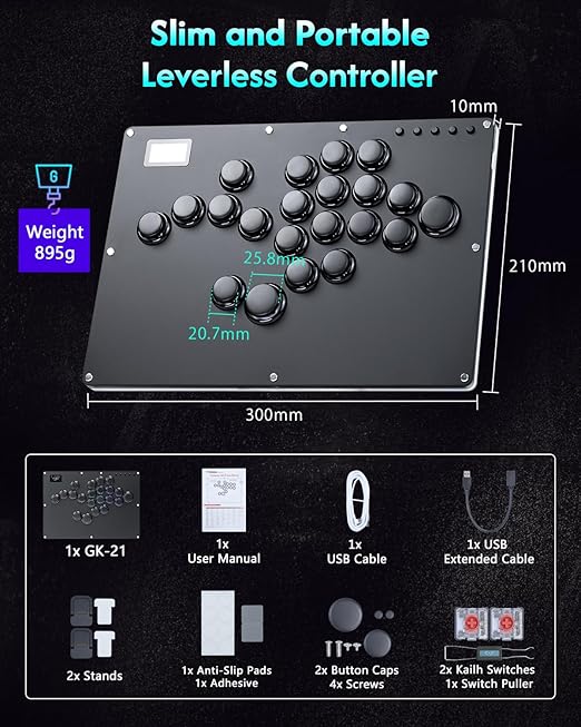GuileKeys Leverless Controller Arcade Stick GK-21, All-Button Arcade Controller 21Keys for PS4/PS3/PC/Switch(PS5 w/Converter), Arcade Fight Stick with RGB/Turbo/Hot-Swap/Low Profile Switch Black
