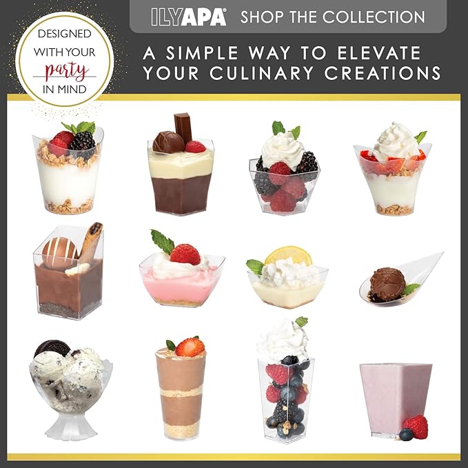 Ilyapa 3oz Plastic Dessert Cups - 100 Pack Mini Dessert Cups with Spoons - Small Clear Reusable for Cheesecake Shooters, Chocolate Mousse, Parfait - Party and Catering Supplies - Slanted