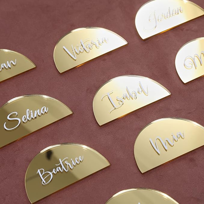 UNIQOOO 20 Pcs 3.5x2 inches Gold Mirror Half Circle Acrylic Sign DIY Blank Semicircle Acrylic Place Cards, Perfect for Wedding Table Decor, Centerpiece, Decoration, Party,Anniversary, Event