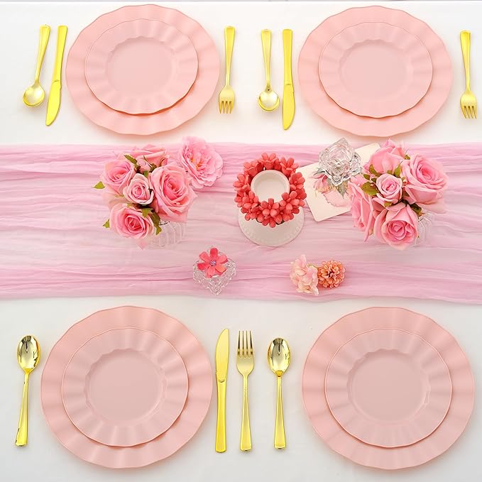 60Pcs Premium Pink Plastic Plates, Fancy Nice Disposable Plate, Elegant Wedding Plates Set include 30 10" Dinner & 30 7" Dessert Plates for Party & Wedding(30Guests