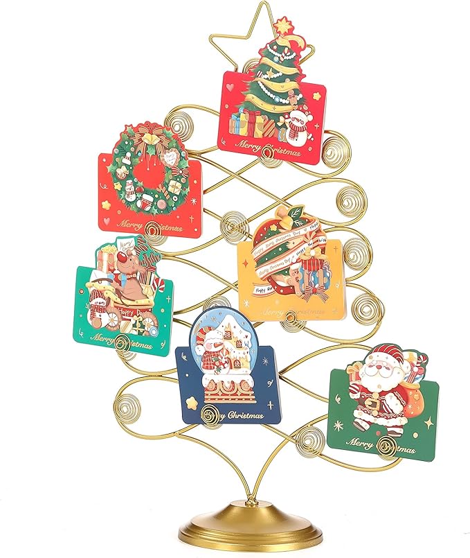 Christmas Tree Card Holder Tabletop, 18 Inch Gold Tree Holiday Card Display Stand, Metal Decorative Cards and Photo Holder Rack, Christmas Display Tree Stand Holds up to 19 Place and Gift Cards