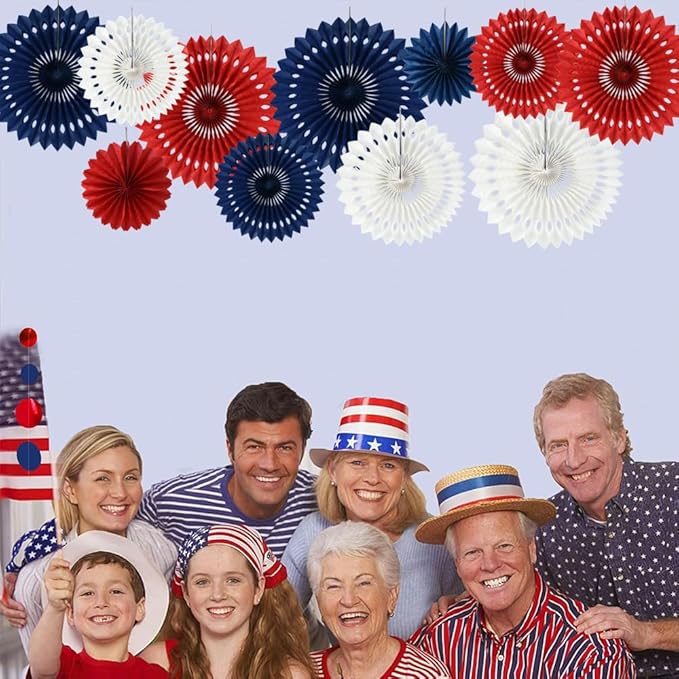 BEISHIDA Red White Blue Hanging Honeycomb Round Paper Fans Decoration Patriotic Theme Tissue Paper Fan Garland for Baby Shower Kid Birthday Graduation Wedding Party Supplies(11packs)