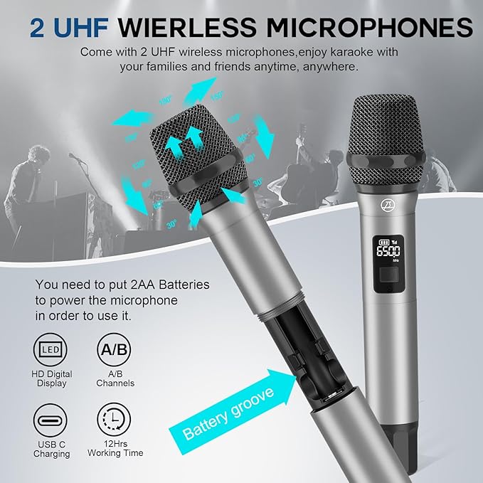 L400 Professional Karaoke Machine with 2 UHF Wireless Microphones for Adults, 320W Peak Bluetooth Speaker PA System with Bass/Treble Adjustment for Home Party Wedding Outdoor Christmas Events