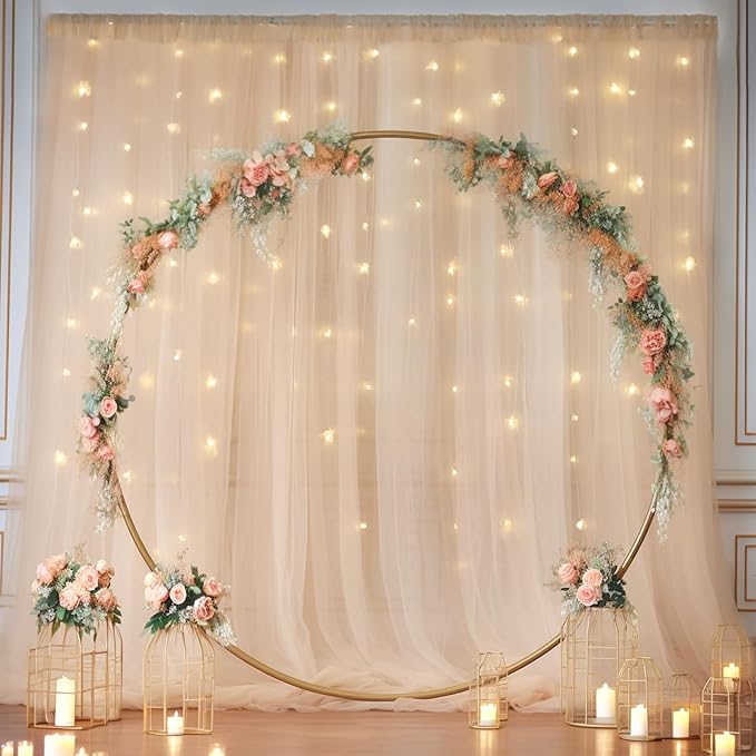 10×10ft Champagne Tulle Backdrop Curtain with Lights String for Parites, Sheer Photo Curtain Backdrop Drapes for Wedding Party Photography Backgrounds
