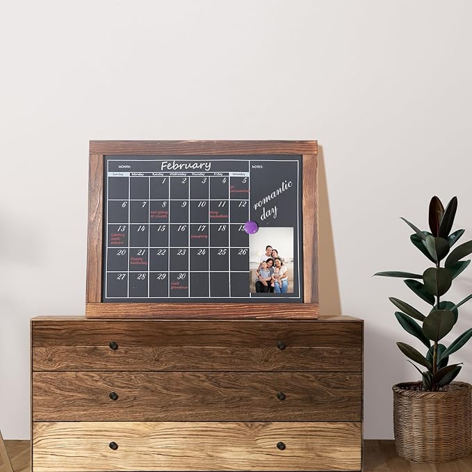 Magnetic Chalkboard Calendar for Wall Monthly Planner Board Wite Wood Frame Reusable Planning Blackboard for Record Daily Tasks List 12" x 16"