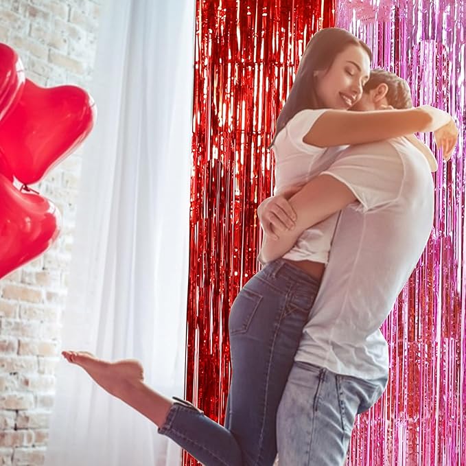 TONIFUL Valentine's Day Door Streamers,Red and Pink Photo Booth Backdrop Metallic Streamers Foil Fringe Curtain for Birthday Valentine's Day Bridal Shower Engagement Party Decoration