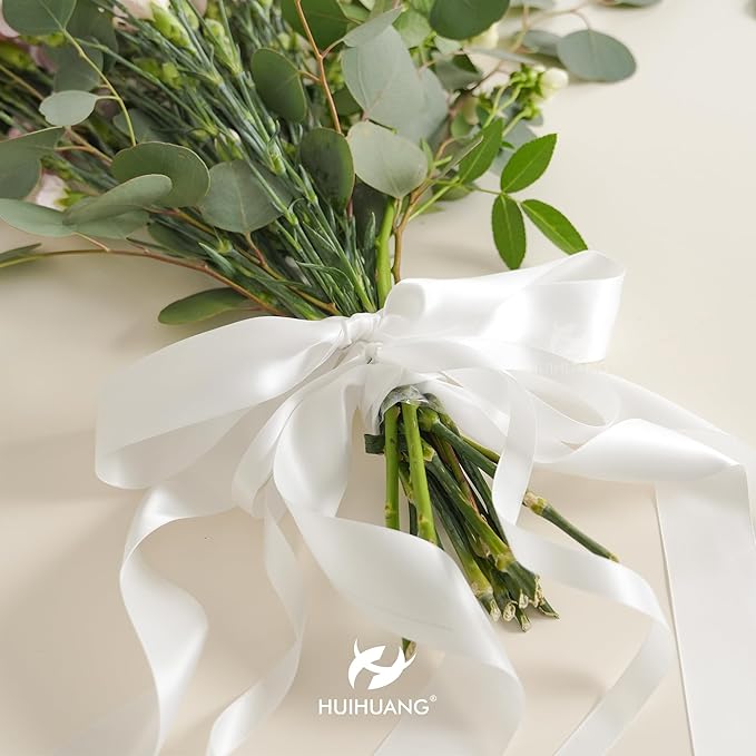 HUIHUANG White Satin Ribbon 1-1/2 inch Double Face Satin Ribbon Christmas Gift Wrapping Ribbons for Crafts Gifts Bows Making Floral Bouquet Wedding Invitations Decor Party Favor and Craft Supplies