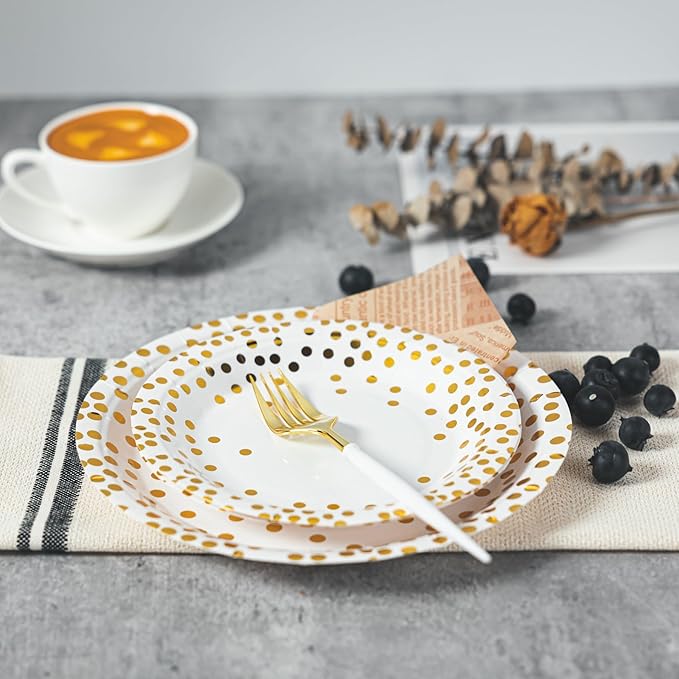 Lullaby 120PCS White Paper Plates, Disposable Gold Paper Plates, 60pcs Dinner Plates 9",60pcs Dessert Plates 7", Party Plates with Golden Dot for Birthday, Gathering and Graduation