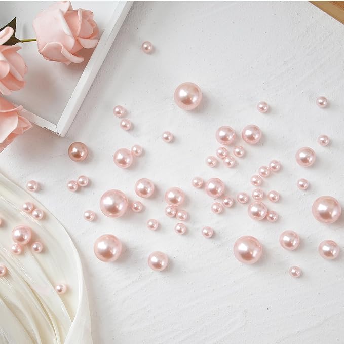 260Pcs Pink Glossy Beads for Centerpiece Decor, Artifical Pearls Vase Filler, Makeup Brush Beads, No Hole Round Pearl Beads for Wedding Birthday Christmas Party Home Decor(18mm 14mm 6mm)