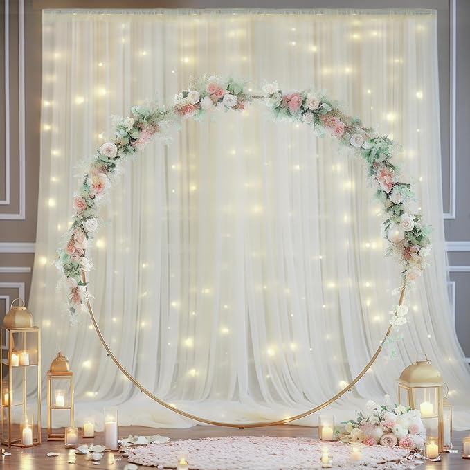 10×10ft Cream White Tulle Backdrop Curtain with Lights String for Parites, Sheer Photo Curtain Backdrop Drapes for Wedding Party Photography Backgrounds