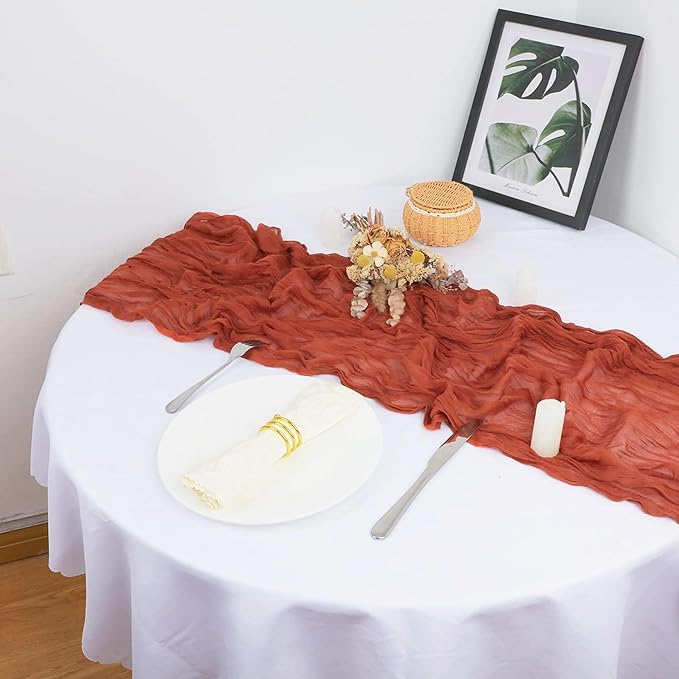 Snowkingdom 10 Ft Fall Table Runner Terracotta Cheesecloth, 120 inch Long Rust Burnt Orange Cheese Cloth Boho Gauze for Wedding Bridal Shower Rustic Sheer Thanksgiving Table Decorations