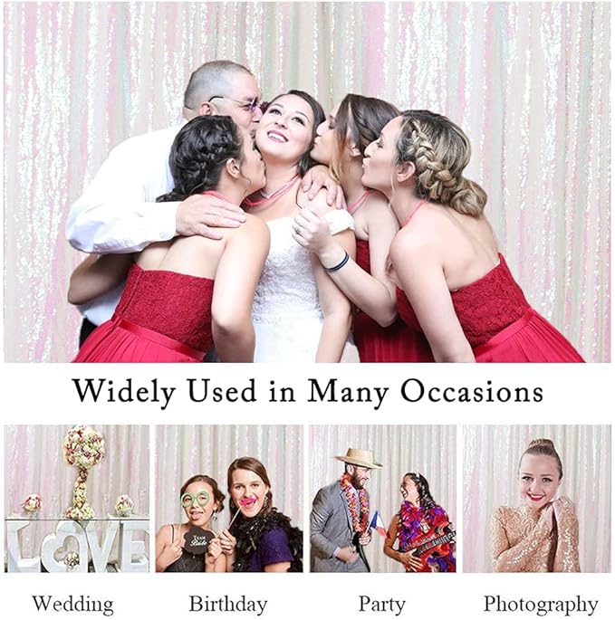 ShinyBeauty White Sequin Backdrop 4FTx8FT 2 Pieces Iridescent White Backdrop Curtains Panels Glitter Photo Backdrop Transparent Birthday Themed Backdrop