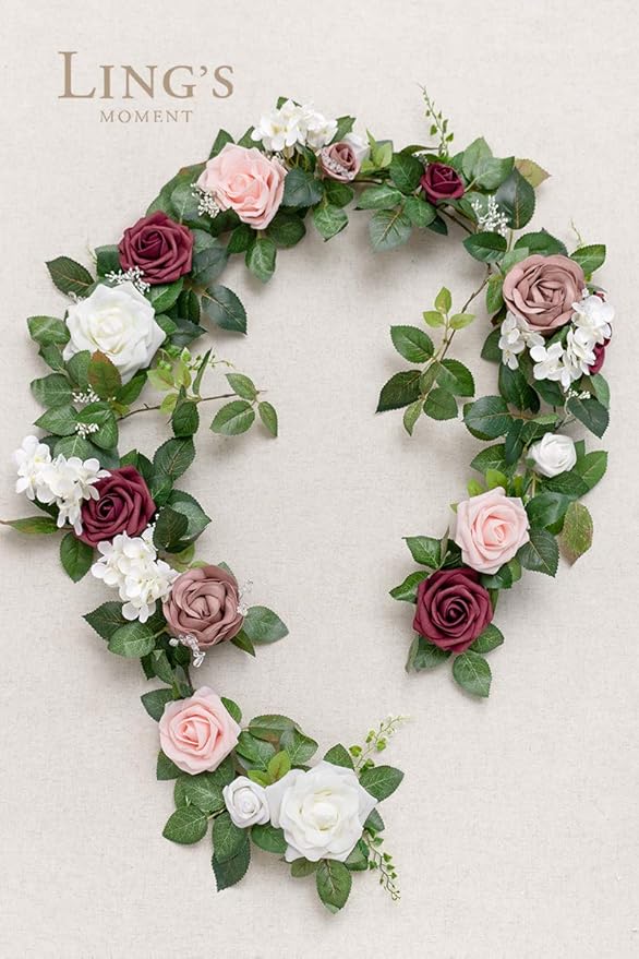 Ling's moment 5FT Dusty Rose Artificial Flower Garland Blush Rose Leaves Floral Garland Arch Flowers Vine for Wedding Party Backdrop Decor Mantel Home Table Centerpieces Wall Decorations Cream
