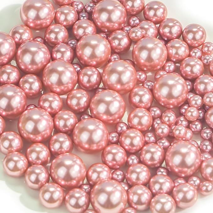 300Pcs Rose Gold Polished No Hole Faux Pearl Beads for Vase Filling Decorations, Plastic Pearls Vase Fillers, Table Scatters, Wedding Centerpiece, Home Decor, 8/14/20 mm