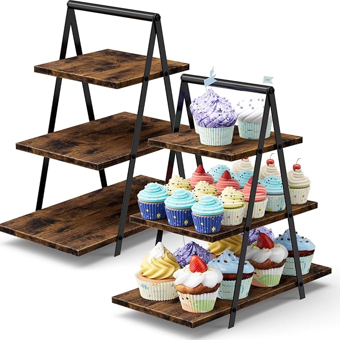 2 Pack Cupcake Stand 3 Tier Dessert Stand for 56 Cupcakes Dessert Table Display Set Wooden Cupcake Display Trays for Wedding,Birthday, Graduation, Party Decorations, Rustic Brown