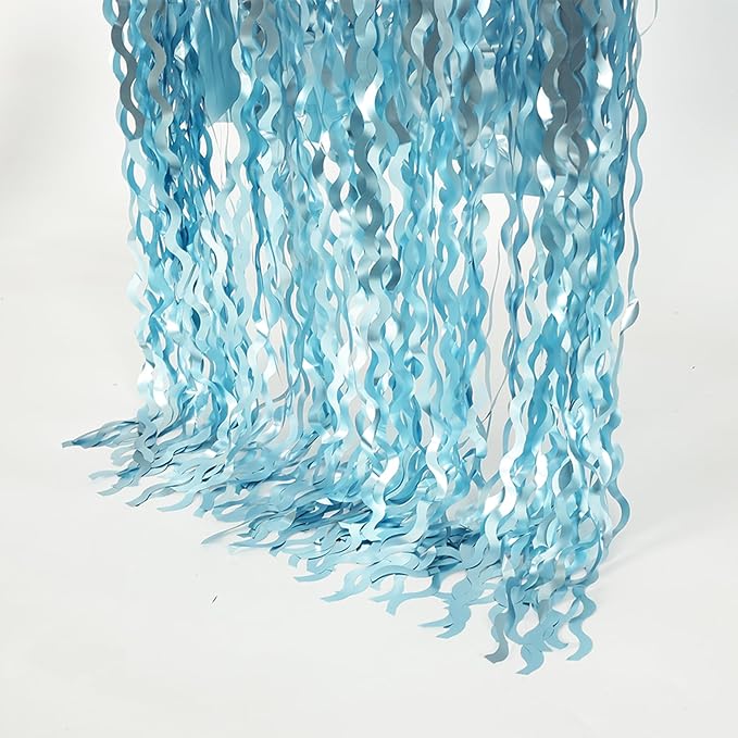 4 Pack Wavy Blue Foil Fringe Curtain 3.3x6.6 Feet | Blue Streamers Tinsel Backdrop for Under The Sea Party Decorations | Ocean Backdrop | Mermaid Birthday Decorations