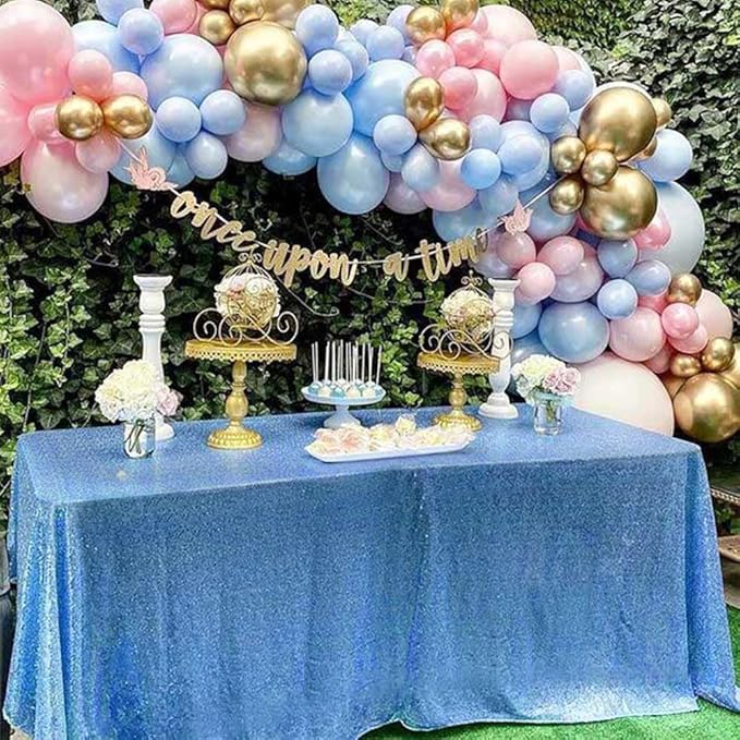 QueenDream Baby Blue Sequin Tablecloth 90x156 Inch Glitter Table Cloth for Baby Shower Birthday Party Decorations
