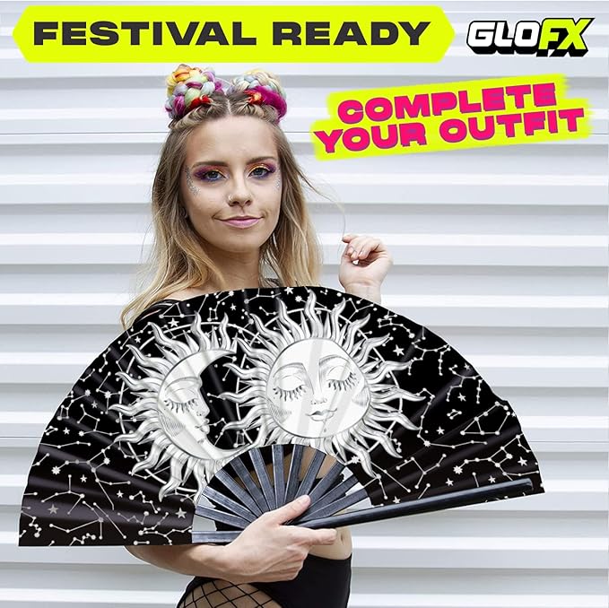 GloFX Rave Sun & Moon - Large Folding Fan - Music Festival Essential, EDM Rave Accessories, Folding Hand Fan, Clack Fan