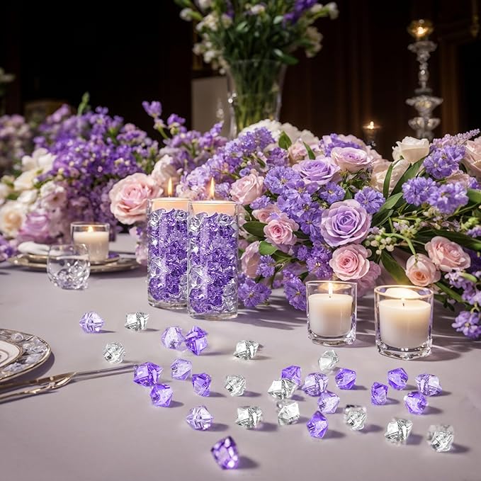 DomeStar 150PCS Fake Ice, Vase Filler Purple Fake Diamonds Plastic Clear Gems Crystals for Table Scatter Decoration