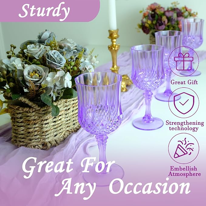 Plastic Wine Glasses,Plastic Goblets Vintage Style Cordial Drinking Glasses for Wedding Reception, Grand Event Party Supplies (48, Purple)