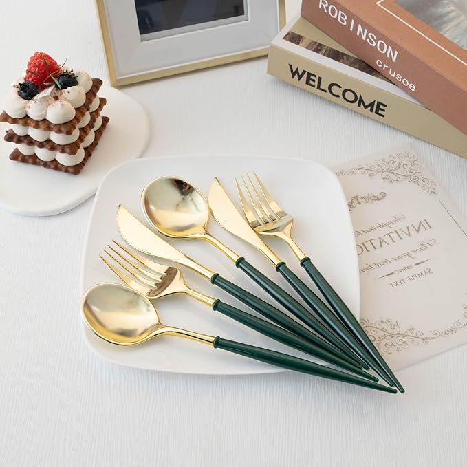 Lullaby 150PCS Gold Plastic Silverware - Disposable Flatware with Green Handles, Includes 50 Knives, 50 Forks, 50 Spoons, Perfect for Birthdays, Weddings, Picnics