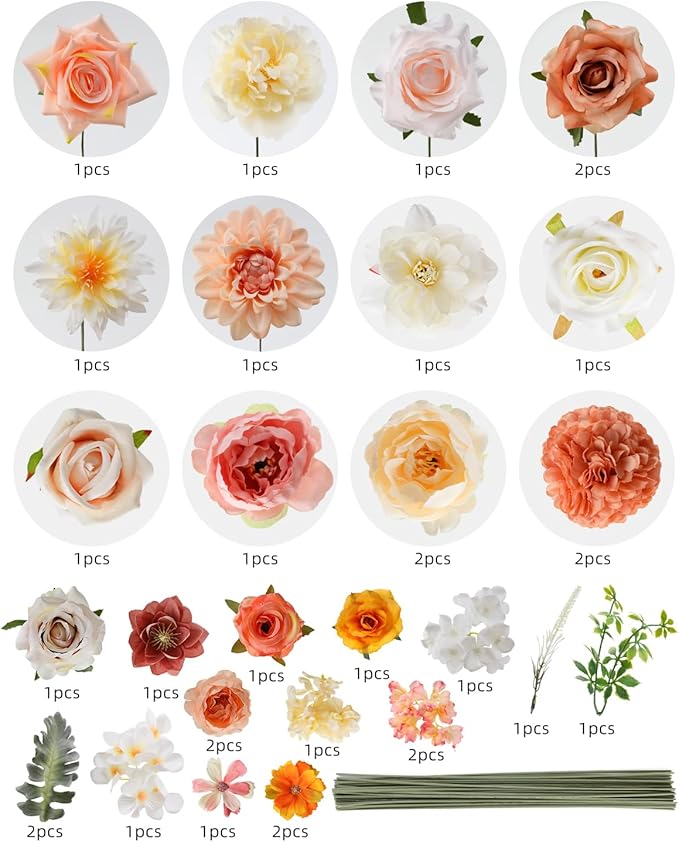 Artificial Flowers Combo, Mix Silk Flowers Roses, Peonies, Dahlias with Stems for DIY Wedding Bridal Bouquet, Baby Shower, Table Centerpieces, Home Decor, Floral Arrangements-Champagne Powder