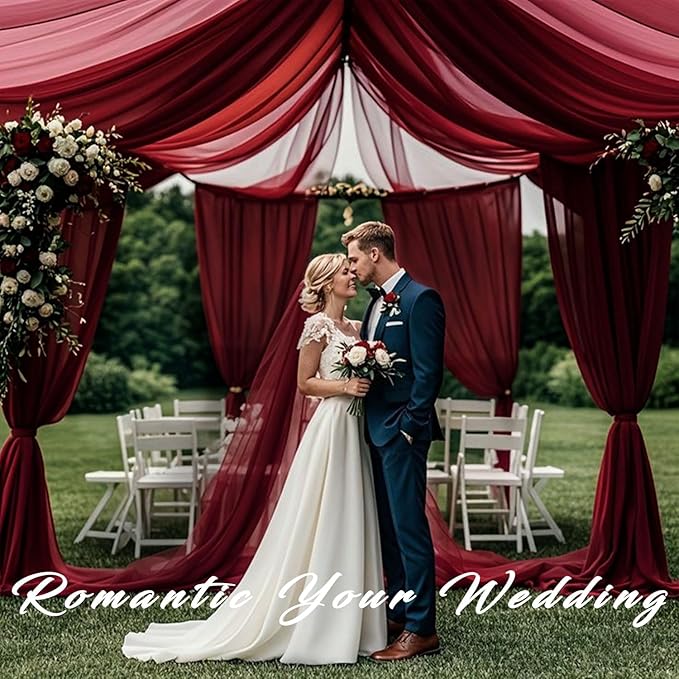 20Ft Length x 28" Width Wedding Arch Draping Fabric 4 Panels Burgundy Arch Drapes Chiffon Fabric Sheer Curtains Backdrop for Party Decorations Wedding Ceremony Bridal Ceiling Stage Reception Decor