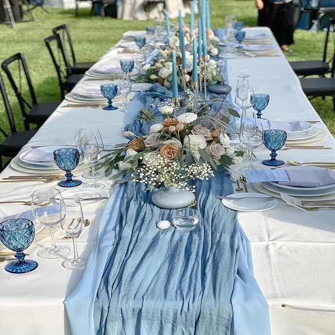 12 Pack Dusty Blue Cheesecloth Table Runner 20 x 120 inch Gauze 10FT Semi Sheer Boho Fabric Cheese Cloth Table Runner for Wedding Party Birthday Baby Bridal Shower