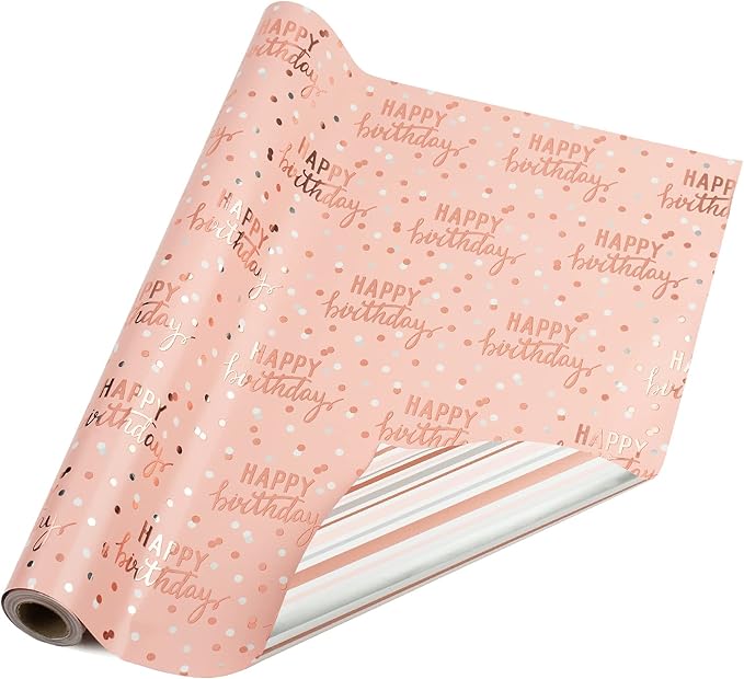 LeZakaa Reversible Pink Birthday Wrapping Paper Roll for Girls Women, Happy Birthday Lettering & Stripe Pattern with Metallic Foil in Pink, Large Roll, 30 inches x 32.8 Feet (92.9 sq.ft.)