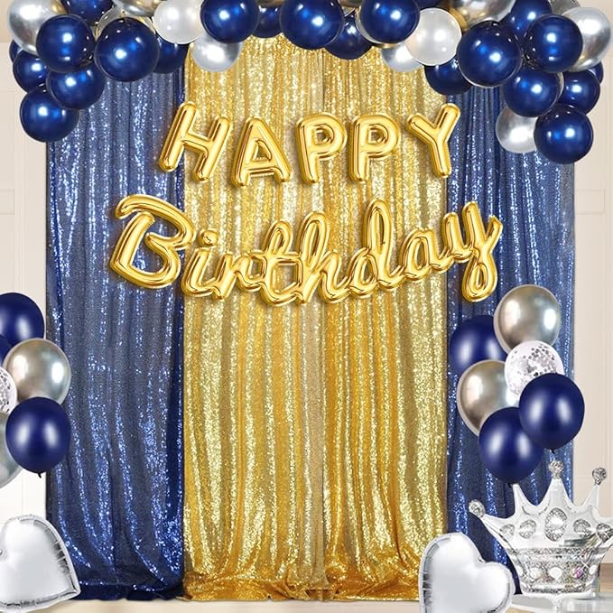 4 Panels Gold&Blue Sequin Backdrop Curtain 2FTx8FT Glitter Sequin Backdrop Curtains for Birthday Party Wedding Decoration