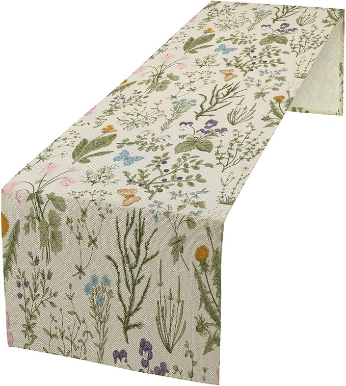 Floral Botanical Table Runner, Garden Spring Flower Botanical Butterfly Animal for Restaurant, Kitchen, Wedding, Party Rectangular Table Runner Decoration,13in(33cm) W * 120in(305cm) L