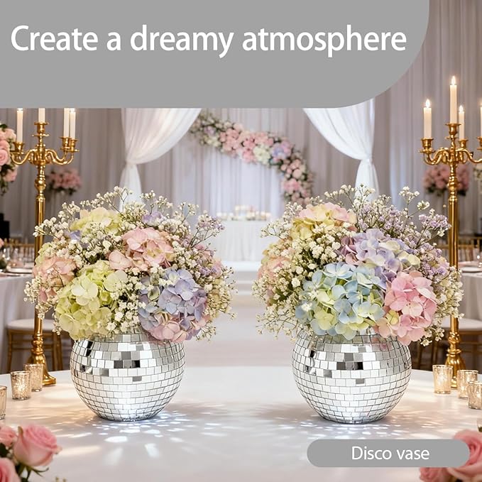 2 Pcs Disco Ball Vases,6" X 6.7" Disco Ball Centerpieces Decor,Silver Mirror Plastic Vase Disco Ball Planter for Wedding,Birthday,Office Table Decorations