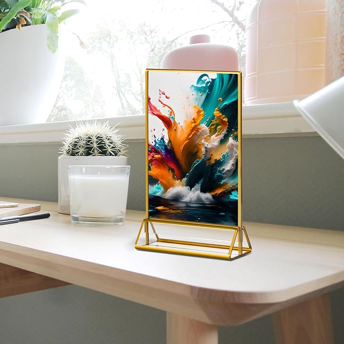 6 Pack Acrylic Sign Holder with Gold Borders, 4x6'' Double-Sided Menu Stands Clear Picture Frames for Restaurant Menu Signs, Wedding Table Numbers, Exhibition & Art Display