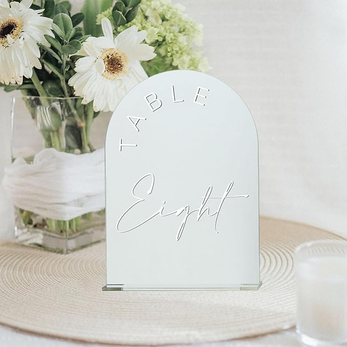 JINMURY Sliver Arch Wedding Table Numbers 1-10 with Stands, 5x7 Inch Acrylic Arch Sign with White Lettering, Sliver Mirror Acrylic Table Numbers for Wedding Reception