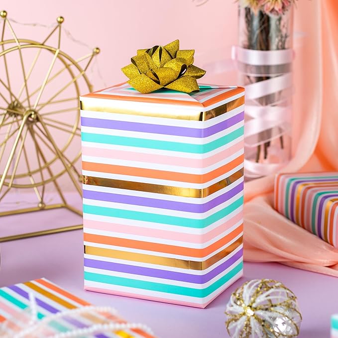 Yarcony Gift Wrapping Paper Roll, Rainbow Wrapping Paper, Colorful Stripes Gift Wrap with Gold Foil for Birthday, Baby Shower, Wedding, Christmas, All Occasions (Mini Roll, 17 Inch X 33 Feet)