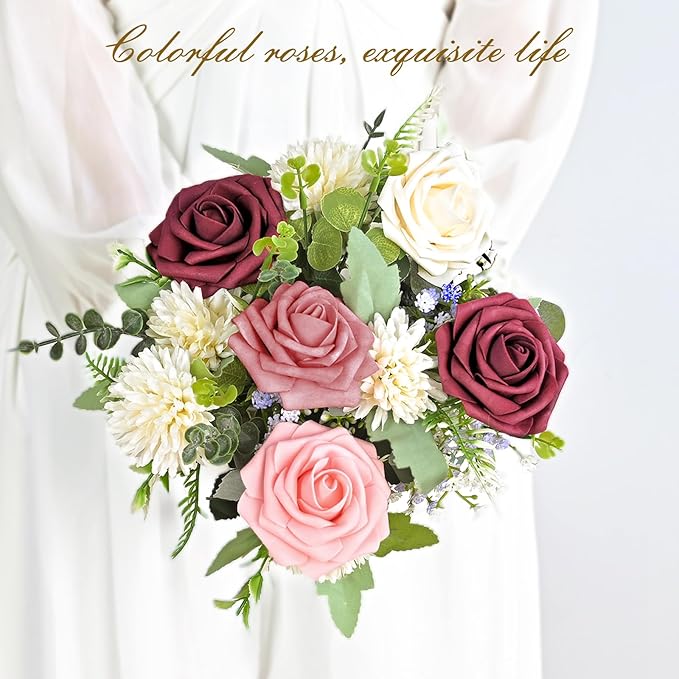 BLEUM CADE 36Pcs Artificial Flowers Fake Roses with Stems, Gradient Burgundy Boxed Foam Roses for DIY Bouquets Centerpieces Wedding Party Arrangement Bridal Shower Decor