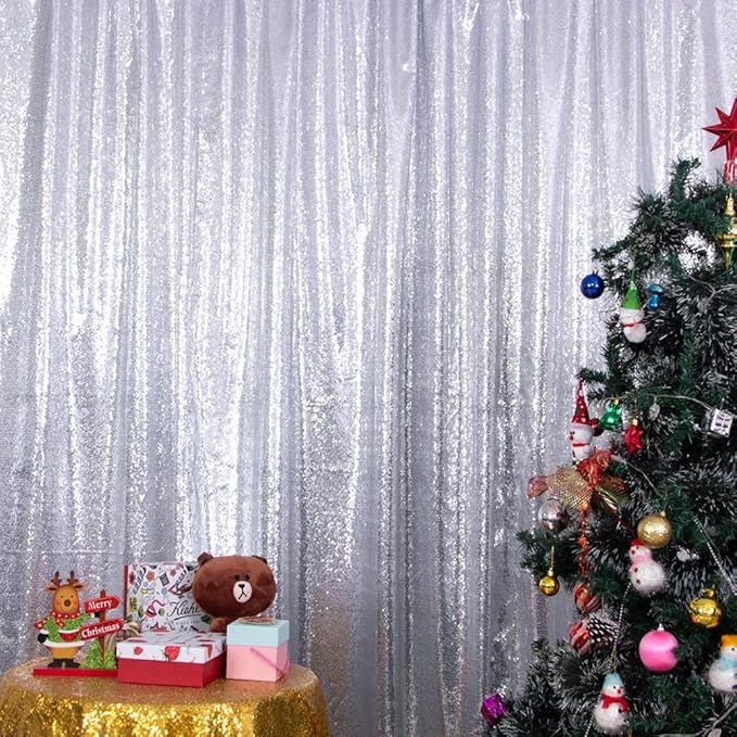 SquarePie Sequin Backdrop Not See Through Thick Background Glitter Curtain Party 6FT x 6FT Silver
