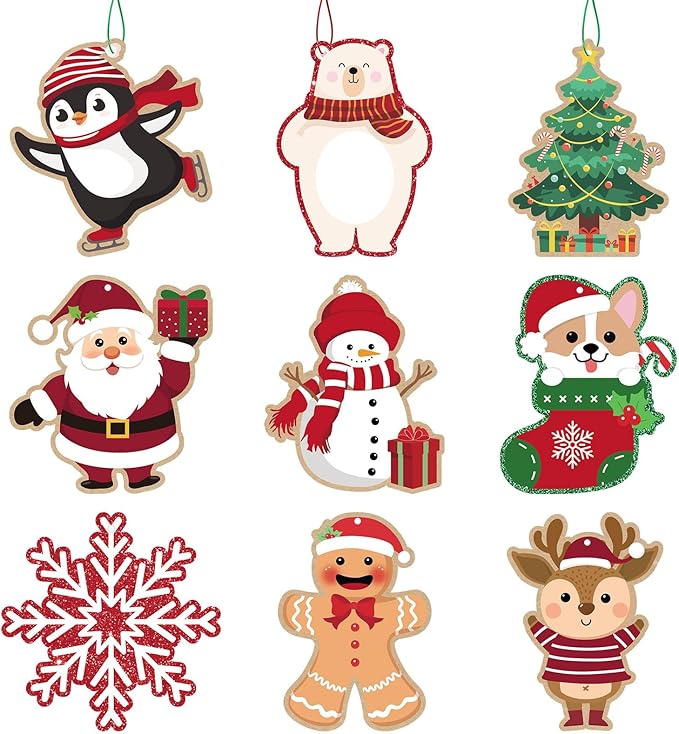 Glitter Printed Xmas Gift Labels - 63Pcs Christmas Name Tags with String and Reindeer, Santa, Snowman Gift Labels for DIY Holiday Present Wrapping