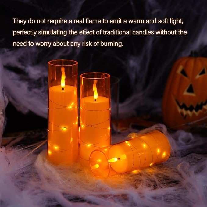 Flameless LED Candles with Timer 9 Pc Flickering Flameless Candles for Romantic Ambiance and Home Decoration Stable Acrylic Shell,with Embedded Star String,Battery Operated Candles(Orange)