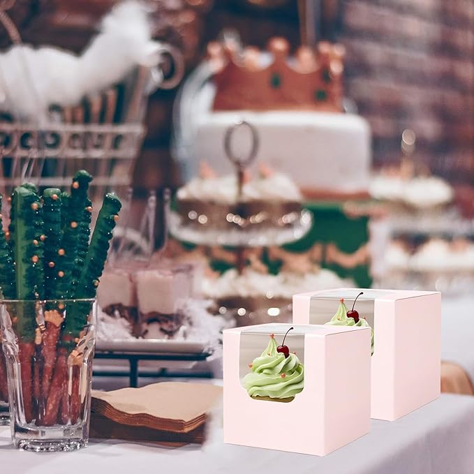 JCD 120 Pcs Individual Pink Cupcake Box with Insert, Cupcake Boxes Auto-pop up Individual Cupcake Container Brown PINK 3.5" x 3.5" x 3.5" Single Cupcake Boxes(Pink/120Pcs)