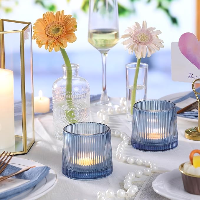 DARJEN Blue Ribbed Tealight Votive Candle Holders- 6Pack Glass Candle Holders for Table Centerpiece, Wedding Decor, Home Decor, Party Dinner