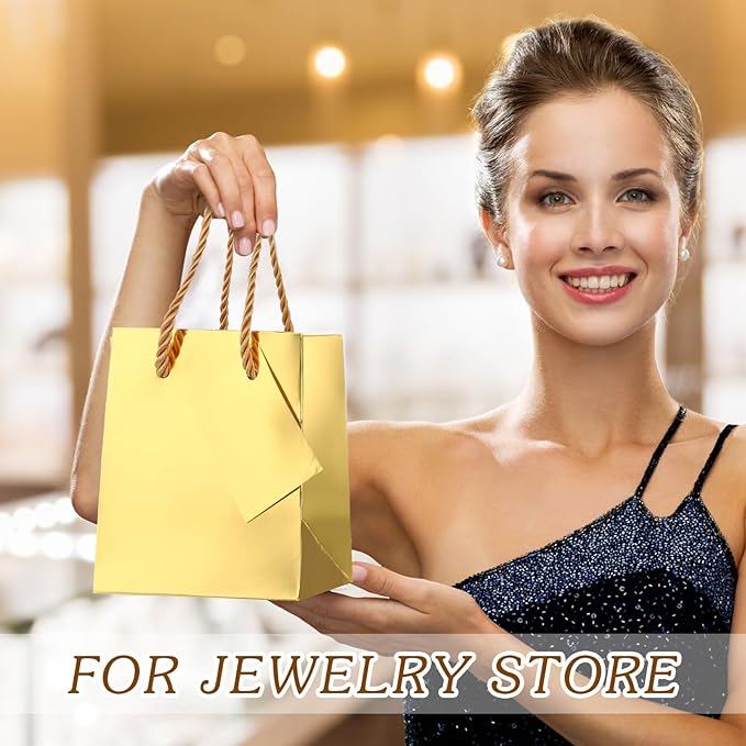 Sherr 100 Pack Mini Gift Bags Bulk, 4 x 2.75 x 4.5 Inches Paper Bags with Tags, Extra Small Paper Gift Boxes with Handles for Birthday, Party Favors, Weddings, Small Business(Gold)